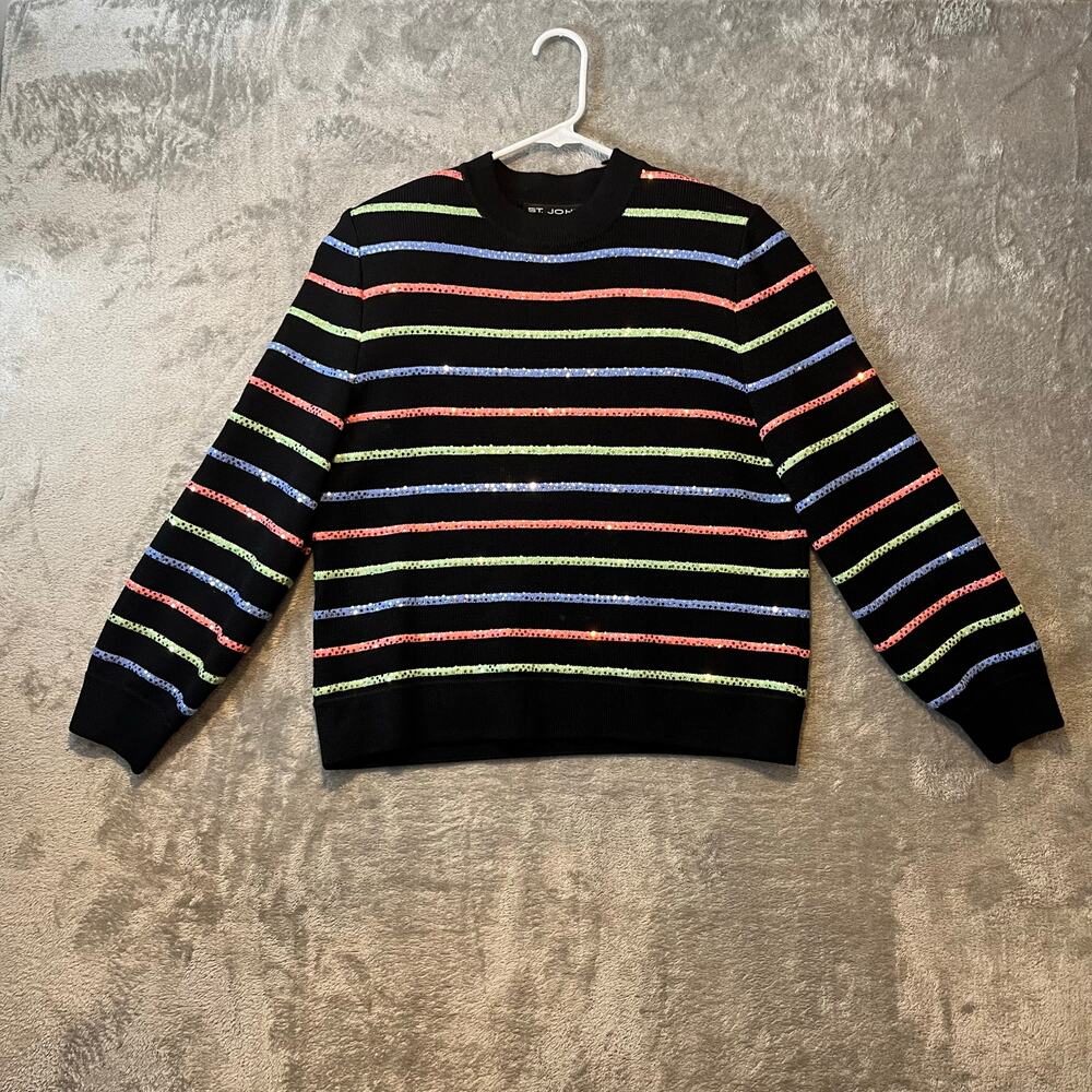 St. John Black Crewneck Sweater with Neon Rainbow Stripes